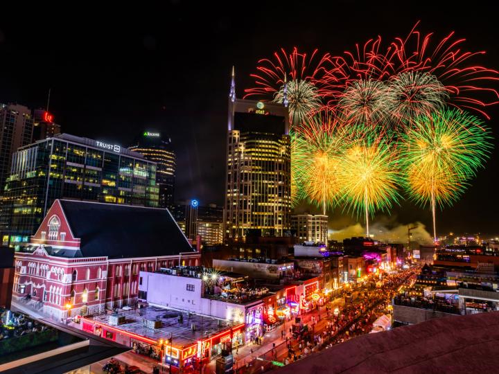 Fireworks lighting up the Nashville, Tennesse, skyline on July 4th