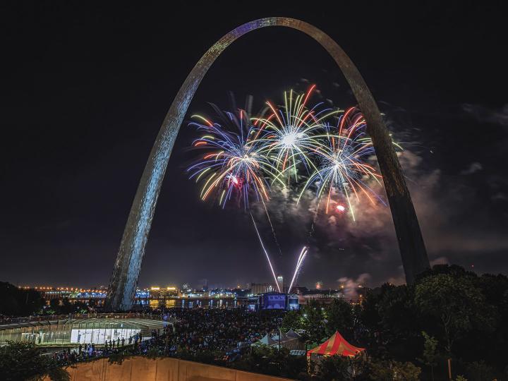 Fireworks fill the skies near the Gateway Arch during the 4th of July in St. Louis, Missouri Fireworks fill the skies near the Gateway Arch during the 4th of July in St. Louis, Missouri