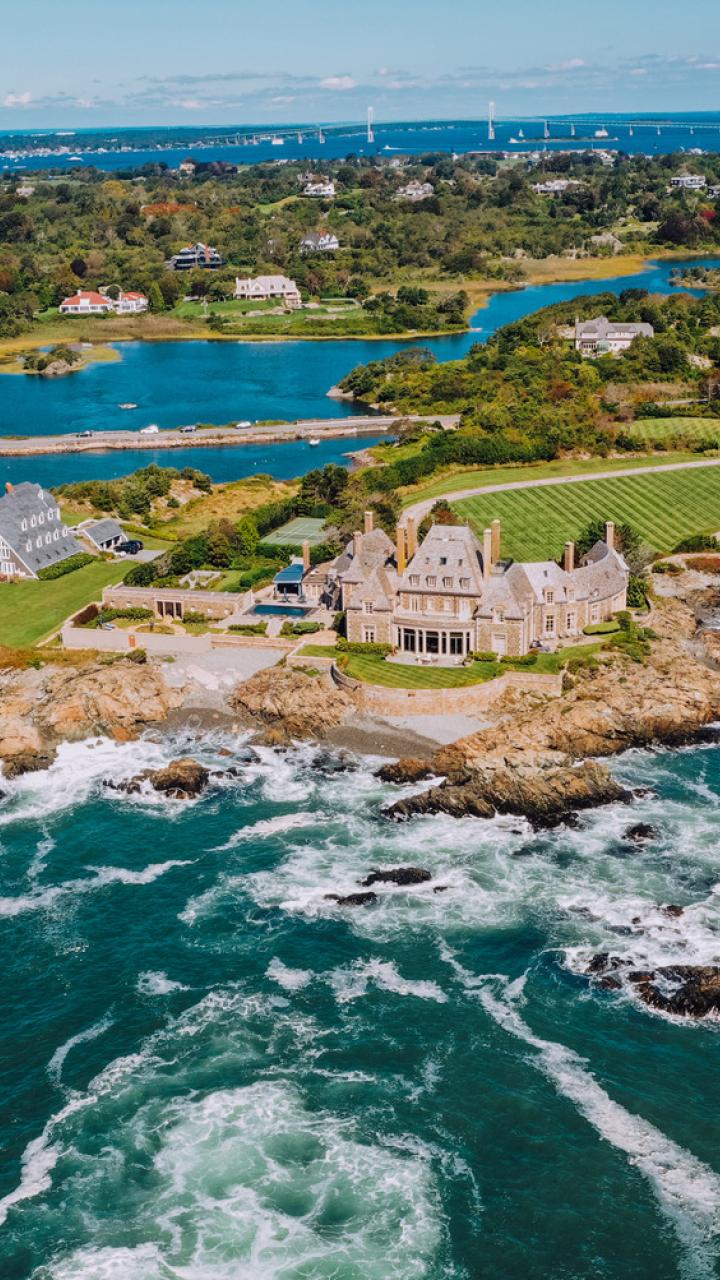 Aerial view of a waterfront estate in Newport, Rhode Island