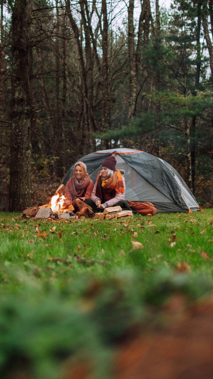 Two friends camping at Whitaker Campground on Snowshoe Mountain, West Virginia