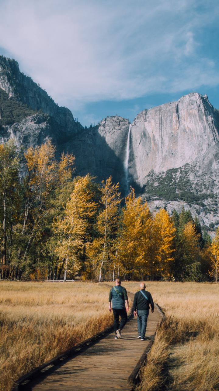 Walking along Berg Bridge in Yosemite National Park, California