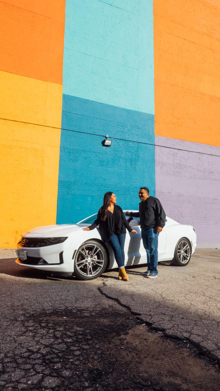 Posing in front of mural art in Detroit, Michigan