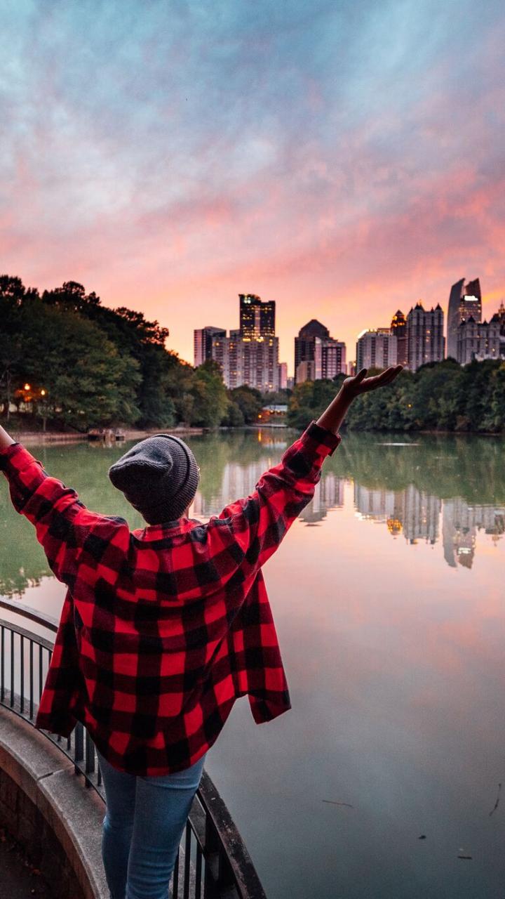 Posing in front of the midtown Atlanta, Georgia, skyline
