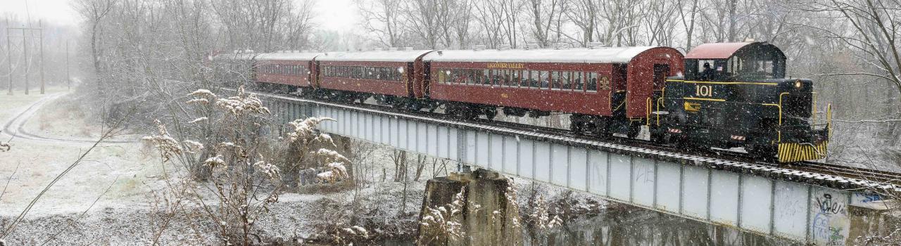 The Walkersville Southern Railroad traverses a snowy landscape in Walkersville, Maryland The Walkersville Southern Railroad traverses a snowy landscape in Walkersville, Maryland