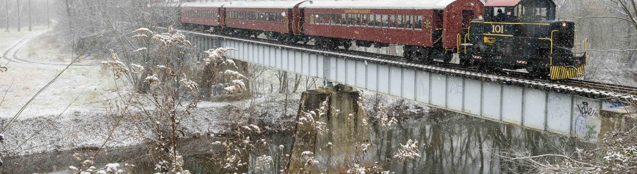 The Walkersville Southern Railroad traverses a snowy landscape in Walkersville, Maryland The Walkersville Southern Railroad traverses a snowy landscape in Walkersville, Maryland