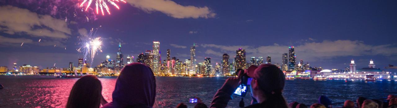 Fireworks over Lake Michigan and the Chicago, Illinois, skyline Fireworks over Lake Michigan and the Chicago, Illinois, skyline