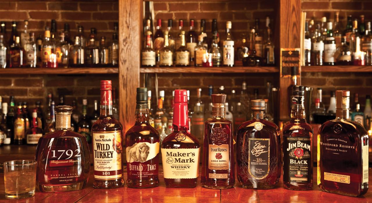 Famous-brand bourbons and whiskeys on a bar Famous-brand bourbons and whiskeys on a bar