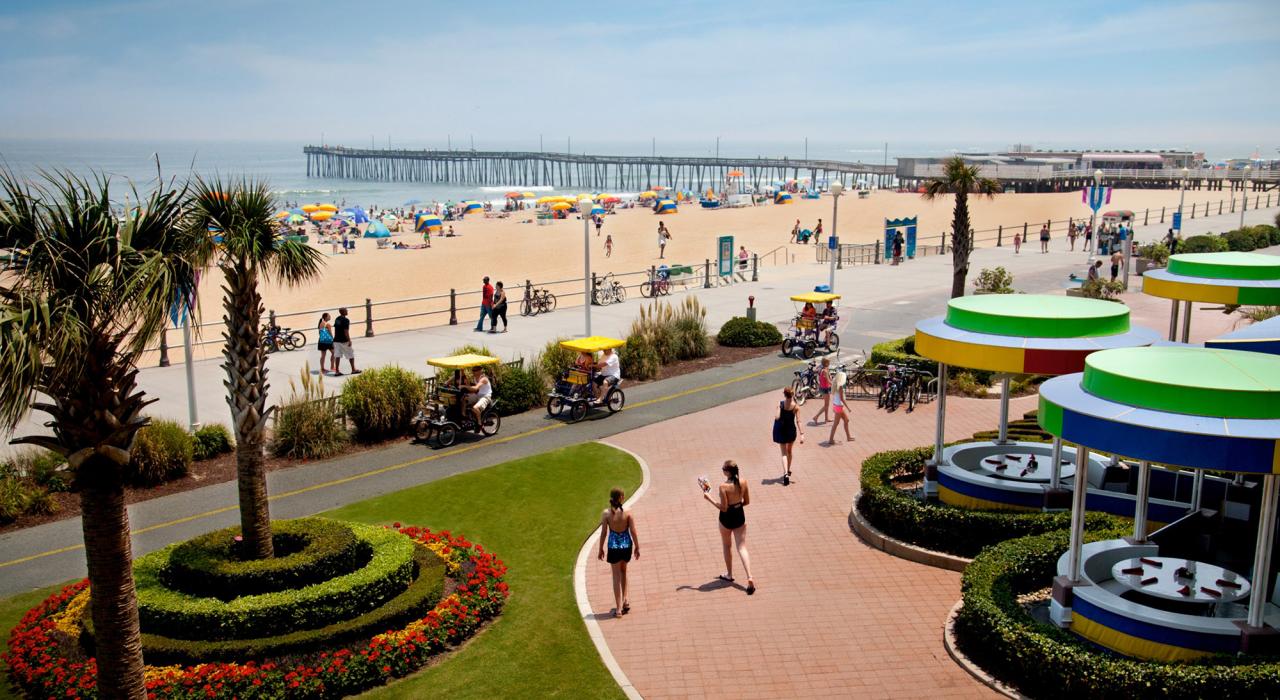 Flurry of activity along the concrete boardwalk and beach area at Virginia Beach, Virginia Flurry of activity along the concrete boardwalk and beach area at Virginia Beach, Virginia