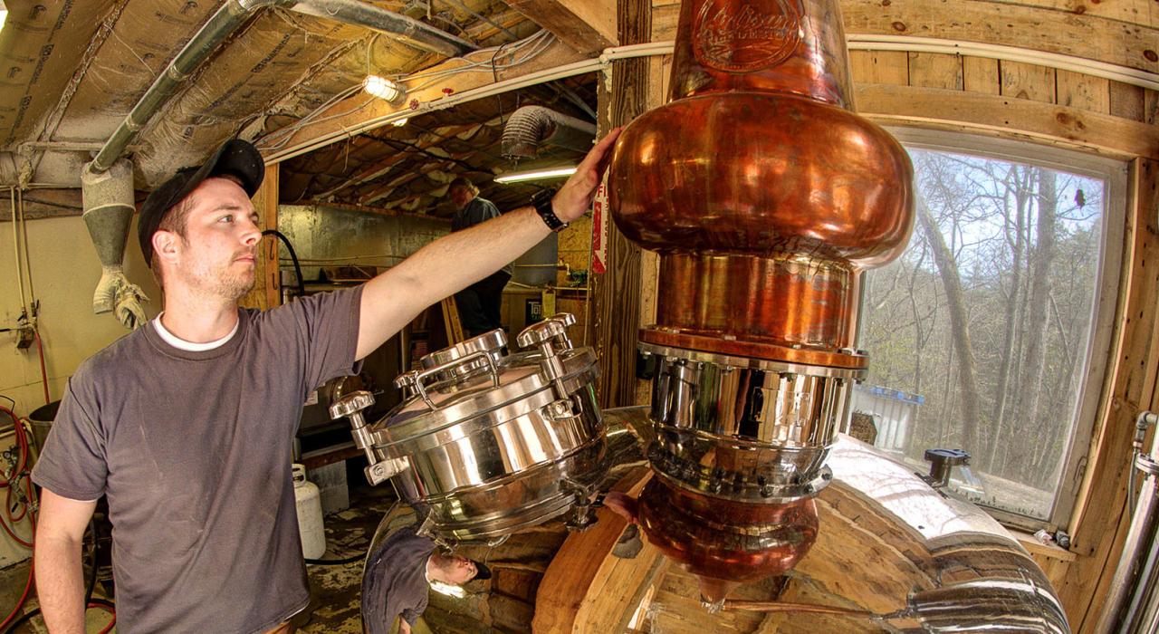 Tending to the still at Appalachian Mountain Spirits, halfway between Abingdon and Wytheville, Virginia Tending to the still at Appalachian Mountain Spirits, halfway between Abingdon and Wytheville, Virginia