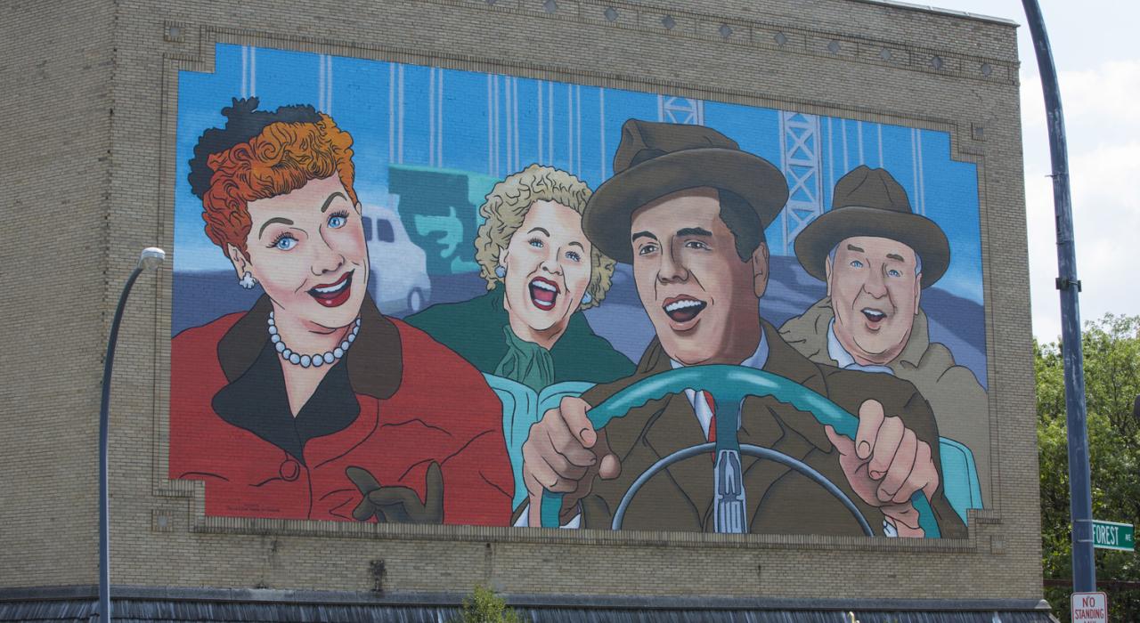 A mural celebrates Lucille Ball and Desi Arnaz near the museum that honors their work in Jamestown, New York A mural celebrates Lucille Ball and Desi Arnaz near the museum that honors their work in Jamestown, New York