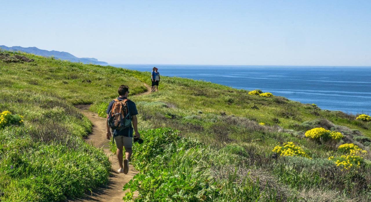 Beliebter Küstenwanderweg auf den Channel Islands mit Panoramablick über die felsige Pazifikküste Beliebter Küstenwanderweg auf den Channel Islands mit Panoramablick über die felsige Pazifikküste