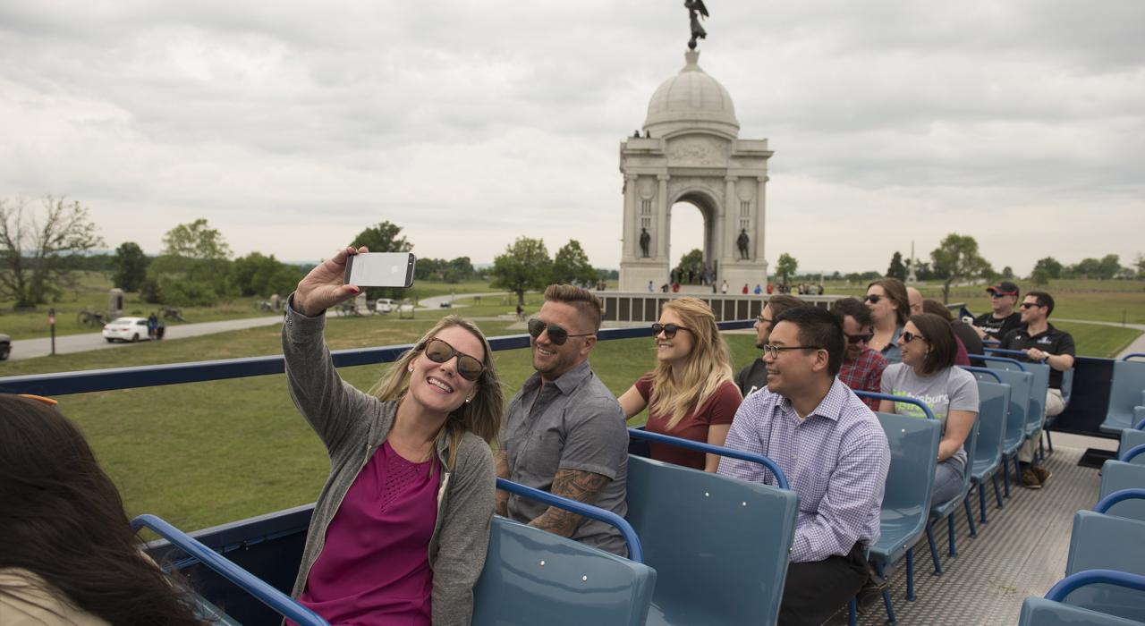 Touring Gettysburg National Military Park in Pennsylvania via open-air bus Touring Gettysburg National Military Park in Pennsylvania via open-air bus