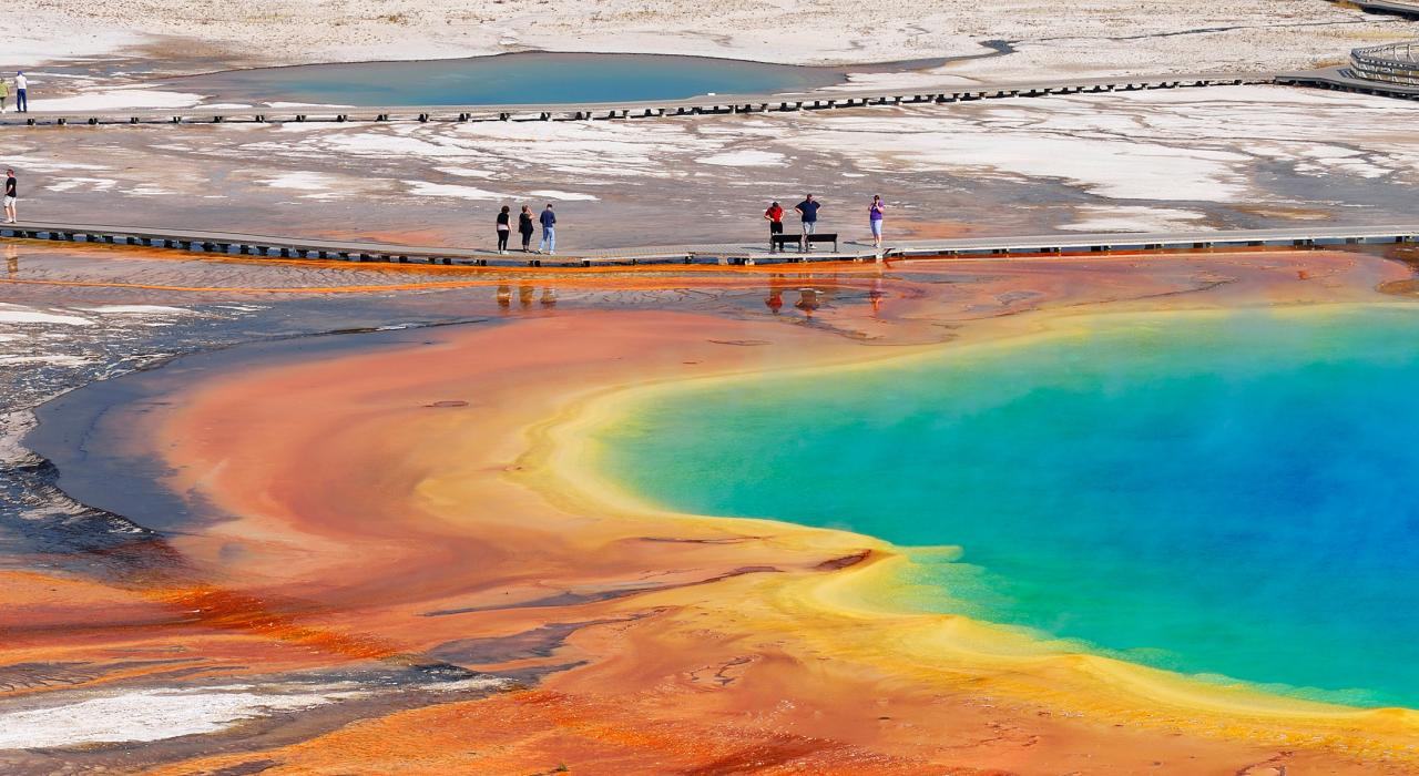 The vibrant hues of Grand Prismatic Spring in Yellowstone National Park, Wyoming The vibrant hues of Grand Prismatic Spring in Yellowstone National Park, Wyoming