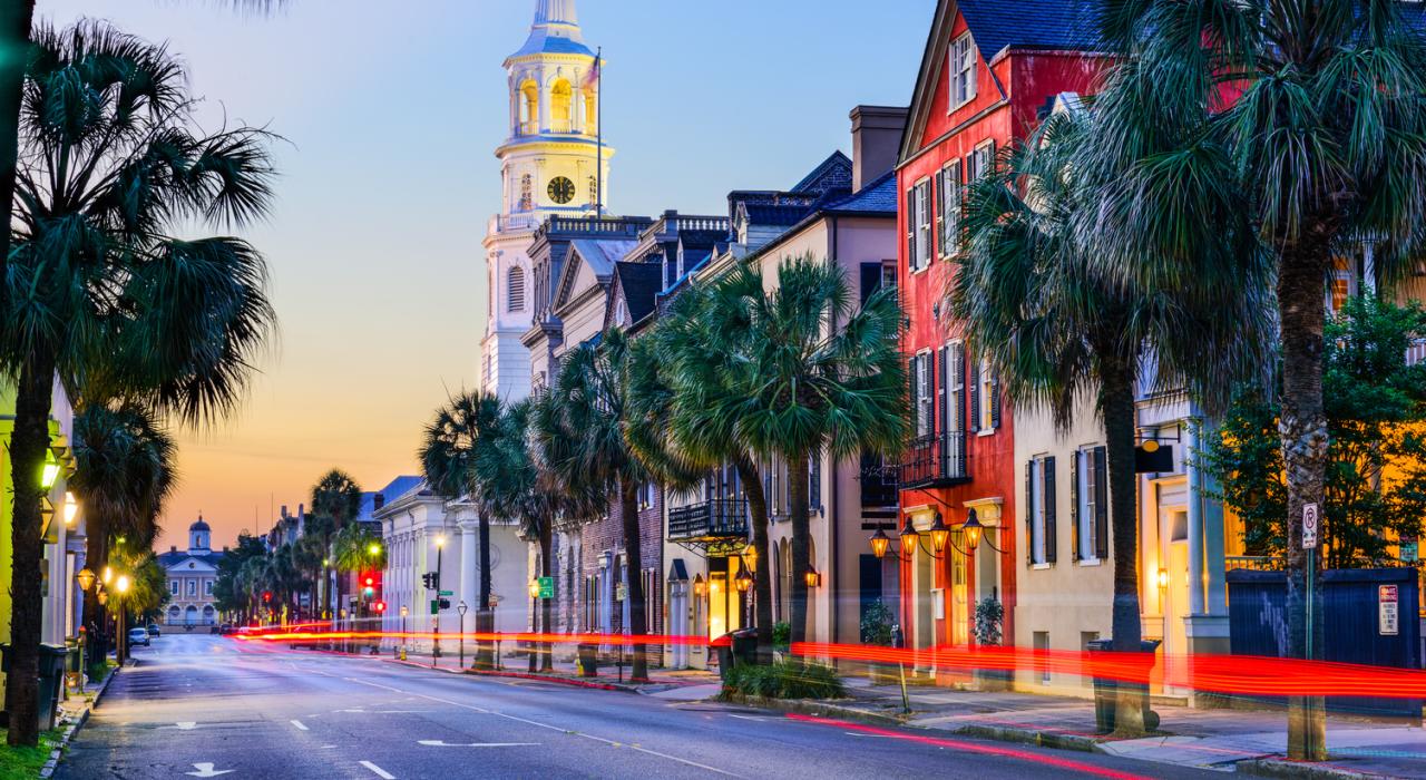 Colorful buildings line historic streets in Charleston, South Carolina Colorful buildings line historic streets in Charleston, South Carolina