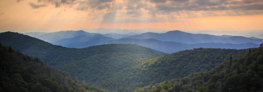 Sun shining over the Blue Ridge Mountains in North Carolina