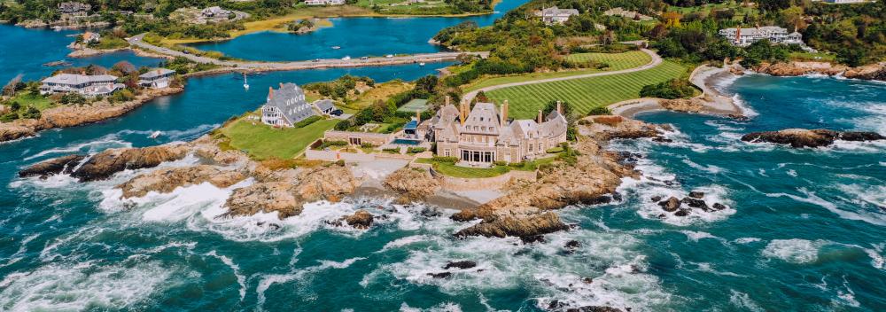 Aerial view of a waterfront estate in Newport, Rhode Island