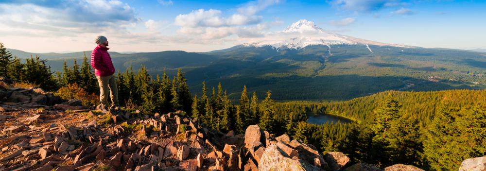 Hiking with a view of Mount Hood outside Portland, Oregon