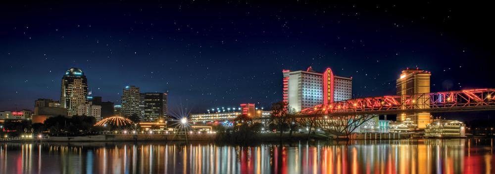 Skyline reflecting in the Red River in Shreveport, Louisiana
