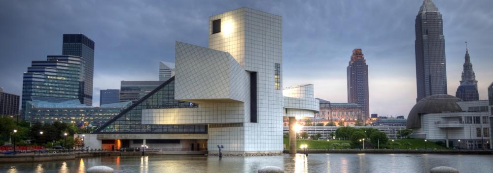 The Rock & Roll Hall of Fame across the waters of Lake Erie in Cleveland, Ohio