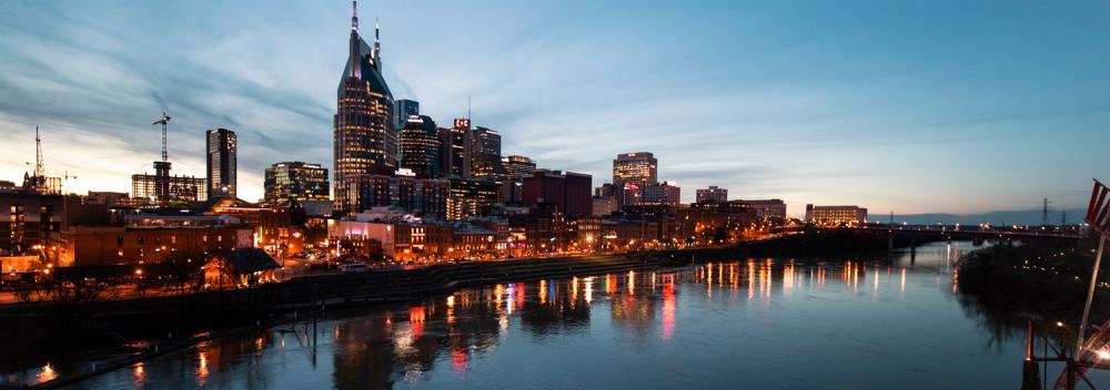 The Cumberland River cutting through downtown Nashville, Tennessee