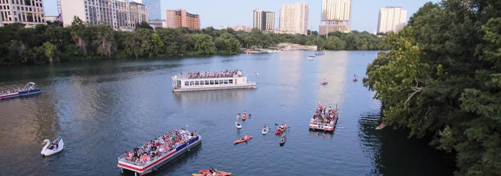 Kayaking and boating on Lady Bird Lake in downtown Austin, Texas