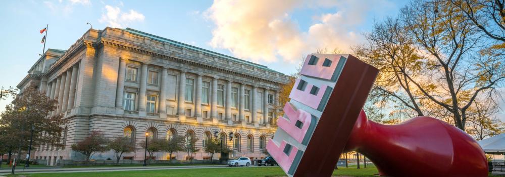 The Free Stamp sculpture in Willard Park in Cleveland, Ohio