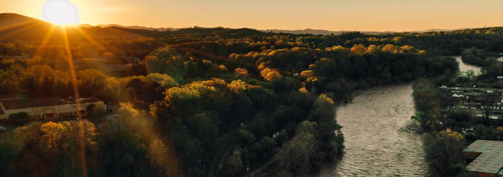 The French Broad River cutting through Asheville, North Carolina