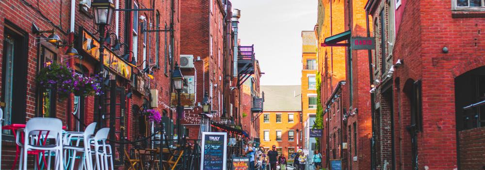 The historic cobblestone streets of the Old Port district in Portland, Maine