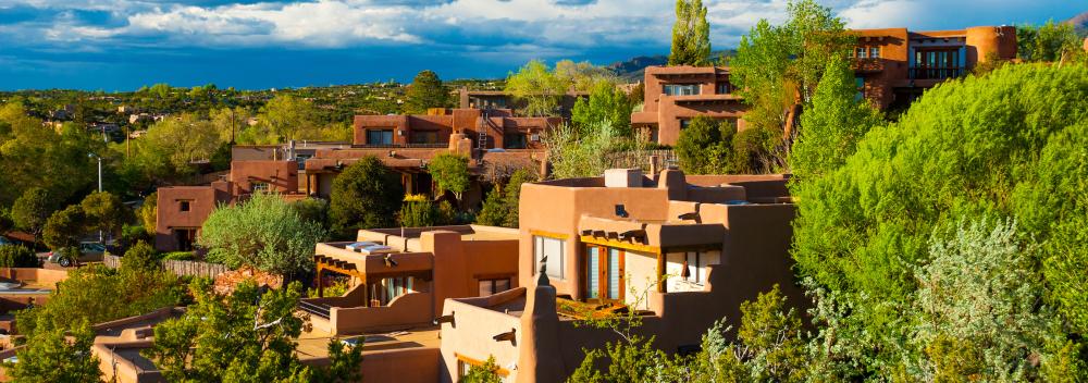 Pueblo-style homes on a hillside in Santa Fe, New Mexico