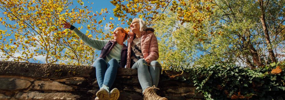 Two hikers enjoying the view in Harpers Ferry, West Virginia