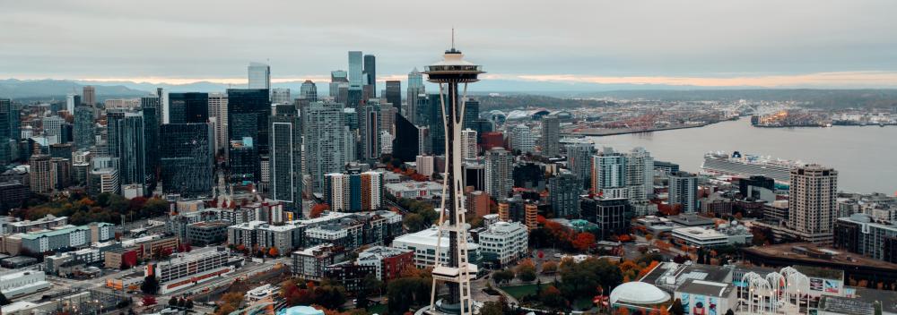 Aerial view of the Space Needle and the downtown Seattle, Washington, waterfront