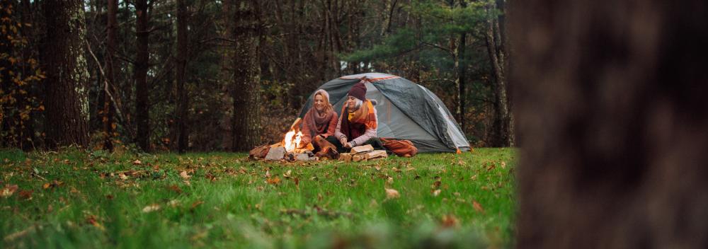 Two friends camping at Whitaker Campground on Snowshoe Mountain, West Virginia