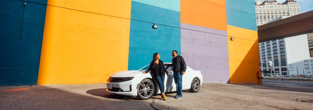 Posing in front of mural art in Detroit, Michigan
