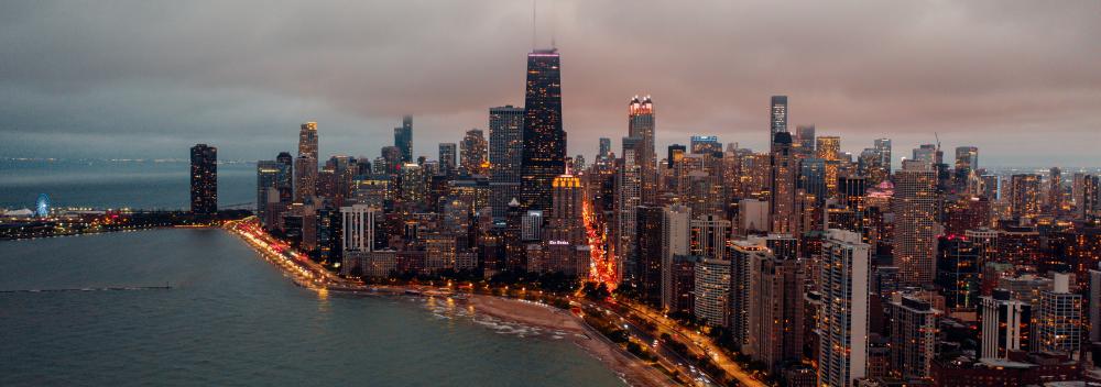 Aerial view of the Chicago, Illinois, skyline on the shores of Lake Michigan